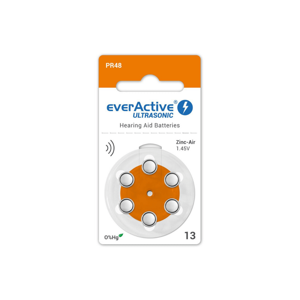 everActive ULTRASONIC Hörgerätebatterien - PR48 Typ 13 Orange - 6er Packung