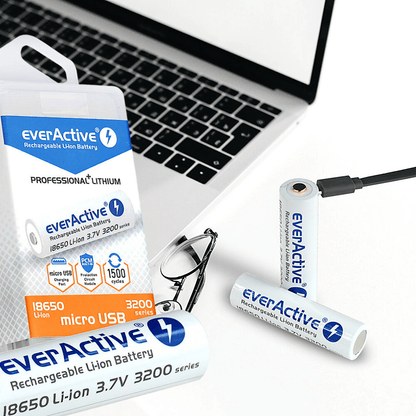 everActive 18650 3.7V Li-ion 3200mAh micro USB Batterie mit BOX und Ladekabel