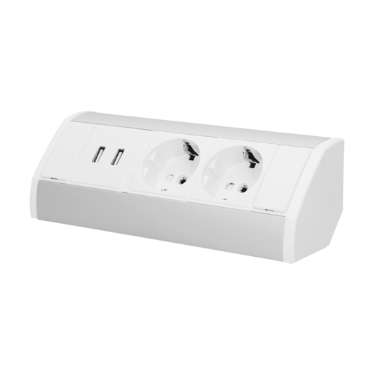 Möbel-Steckdose,2x2P+Z+USB, Schuko Version, weiß-silber