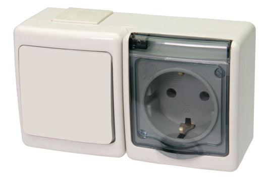 BETA Hermetische Schalter / Steckdose Kombination mit Klappdeckel Aufputz IP44 weiß/transparent