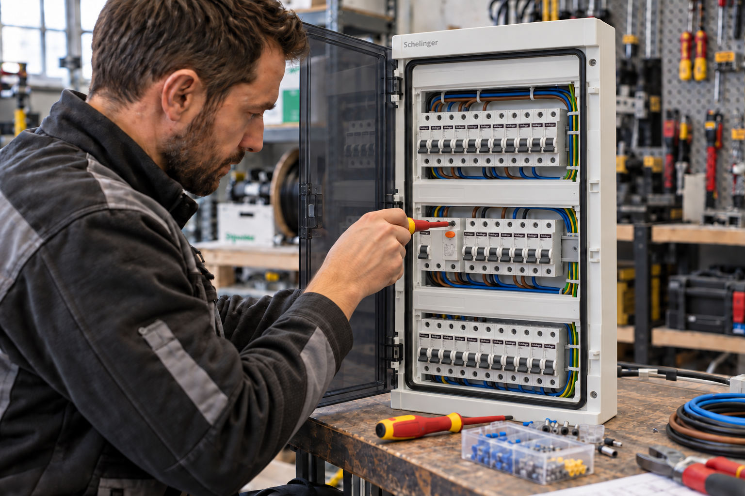 Elektriker montiert Schelinger Schutzgeräte in einem dreireihigen Verteiler